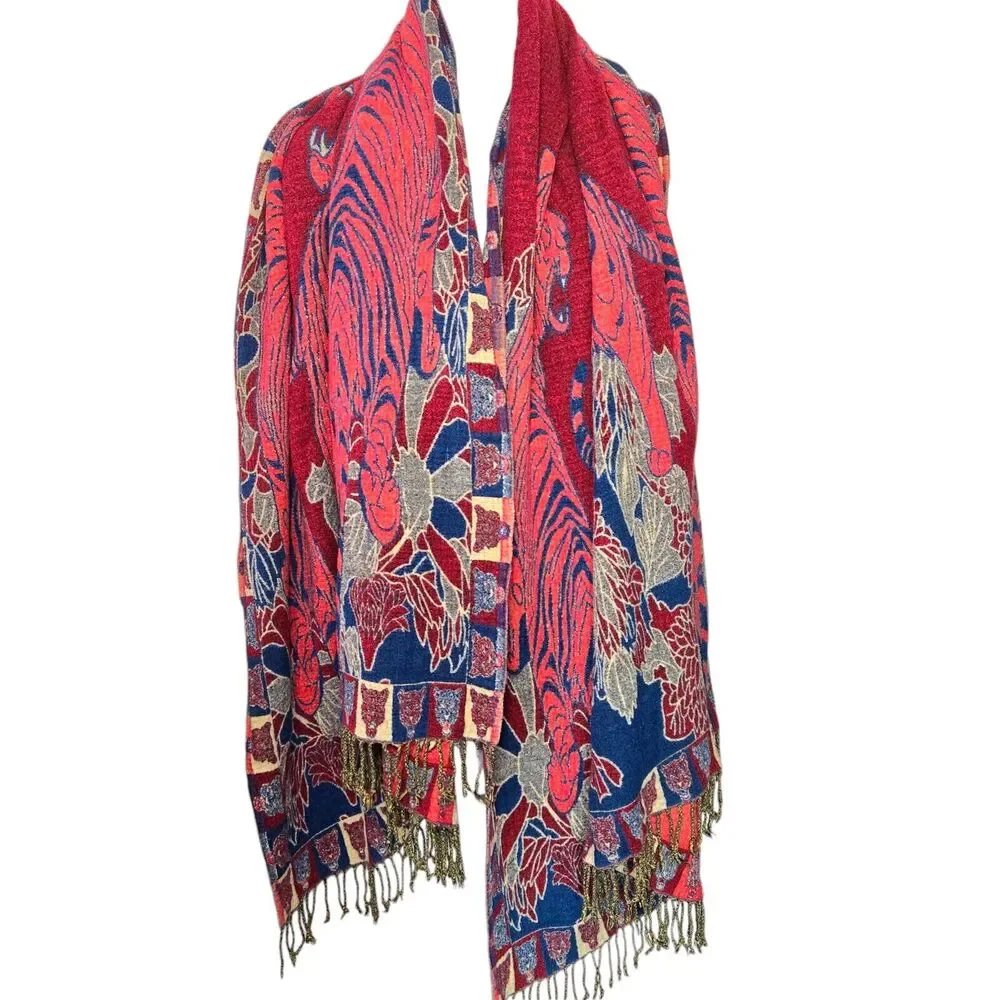 Reversible Tibetan Bengal Tiger Jungalow Print Blanket Shawl Throw 36